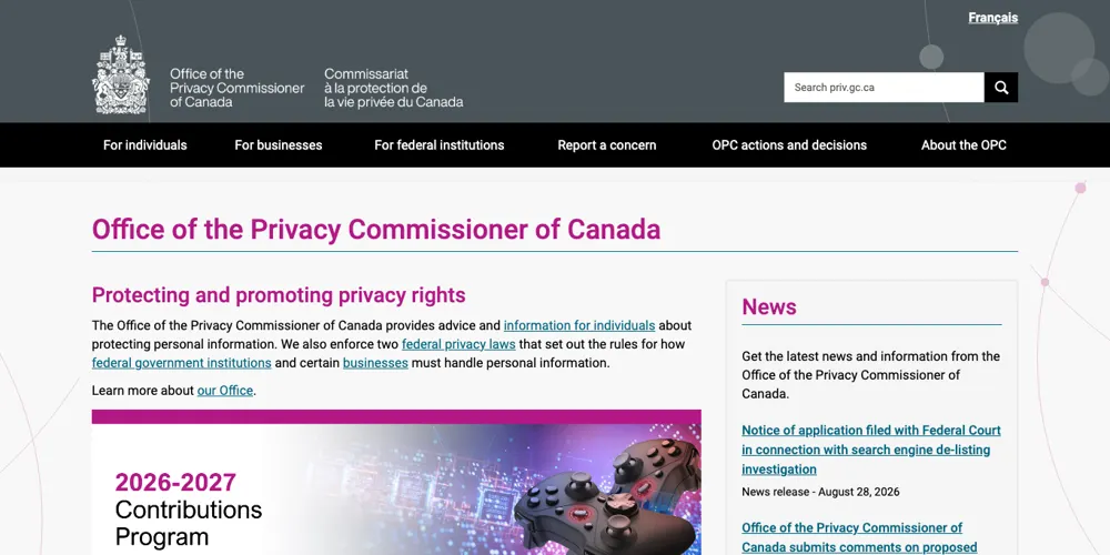 Screenshot of the Office of the Privacy Commissioner of Canada website