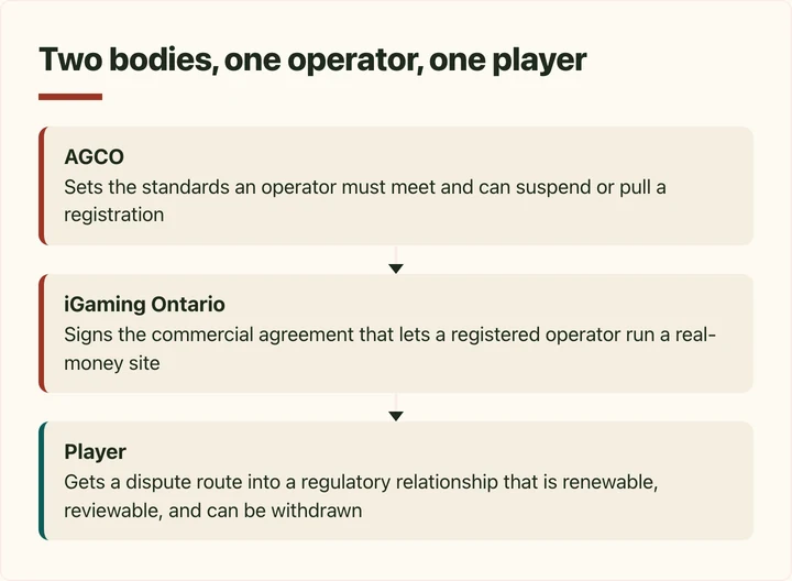 Flow diagram showing the AGCO, iGaming Ontario and the player in one regulatory relationship